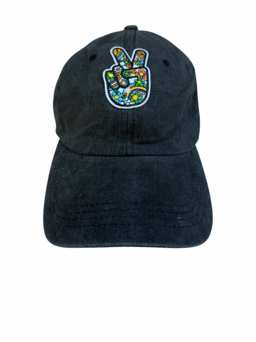 Washed Black 100% Cotton Baseball Hat with Colorful Peace Hand Patch NWOT